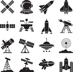 Space exploration and technology icons including satellites and rockets Keywords: satellite