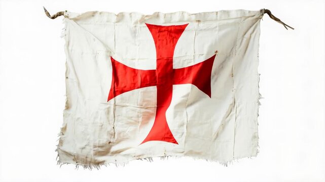 Authentic Knight Templar Flag Hanging on a Pole, 4K Video Stock.
An authentic, rustic-looking flag of the Knights Templar hangs from a rugged wooden pole, its frayed and weathered fabric showing a bol