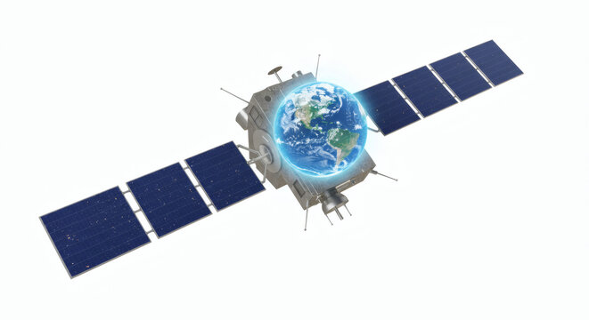 Isolated 3D illustration of an artificial satellite with large solar arrays, projecting a hologram of planet Earth for global data transmission - Powered by Adobe