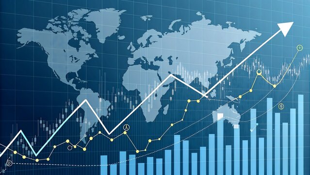 Abstract financial growth background with rising bar and line graphs, world map overlay, and upward arrows. Modern business data visualization in blue tones with golden highlights, symbolizing success - Powered by Adobe