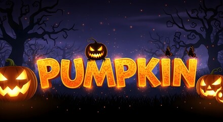 The word pumpkin in large, glowing orange letters with a halloween theme, featuring carved pumpkins and spooky trees in the background