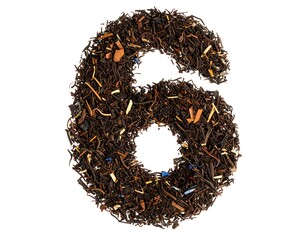 Number six formed from tea leaves against white background