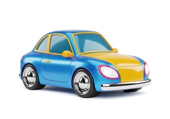 Naklejka premium Blue and Yellow Car with Chrome Wheels on White Background automobile vehicle