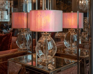 Elegant table lamp with pink shade and glass base in luxury interior