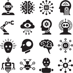 Artificial intelligence and robotics icons with brains and robots Keywords: AI, artificial