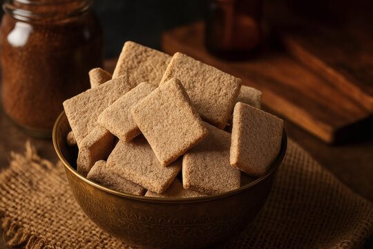 A close-up of Sagu Lempeng, a traditional Papuan snack. These crispy sagu flour crackers are a simple yet savory treat, perfect for a rustic and authentic food shoot