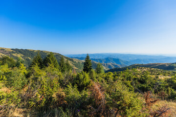 Scenic mountain landscape featuring rolling forested hills under clear blue sky
