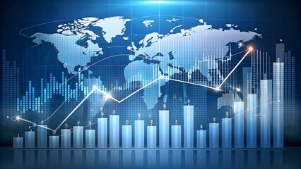 Abstract financial growth background with rising bar and line graphs, world map overlay, and upward arrows. Modern business data visualization in blue tones with golden highlights, symbolizing success