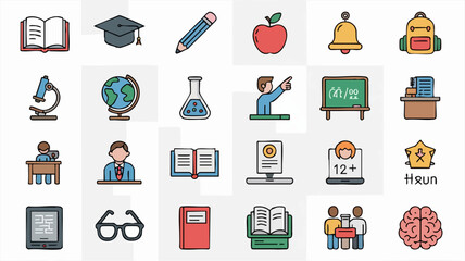 Colorful flat line icon set for education, school, and e-learning. Collection of symbols representing knowledge, study, and academic subjects like science and literature