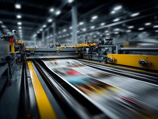High-speed industrial printing press in action, with a long roll of newspaper moving rapidly through the machinery. Motion blur indicates speed in this photo.