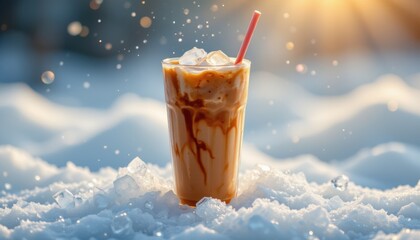 iced coffee, cold ice, fantasy style, radiant glow, subject at bottom, copy space at top, photo use, avoid trademarked terms, specific names, unnecessary words.