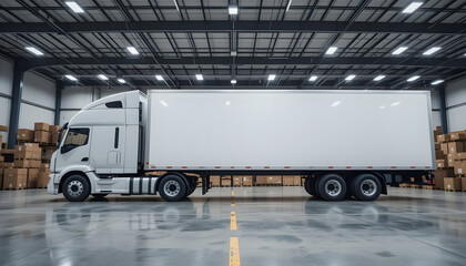 Side view of a blank white semi-truck trailer in a modern warehouse for logistics and delivery.