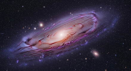 Spiral galaxy image, showcasing cosmic dust and stars in shades of purple, pink, and orange. Represents vastness, mystery, and the beauty of the universe, ideal for astronomy or space-themed projects