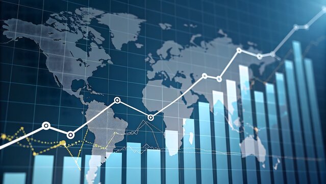Abstract financial growth background with rising bar and line graphs, world map overlay, and upward arrows. Modern business data visualization in blue tones with golden highlights, symbolizing success