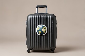 Black suitcase with a world globe sticker on a beige background