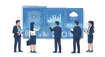 Business Technology and Artificial Intelligence Vector Illustration – Data Analytics, Cloud Computing, and AI Innovation Design