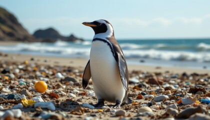 Naklejka premium create a captivating photo of a penguin standing on a beach filled with trash, surrounded by ocean pollution, under an electric blue sky