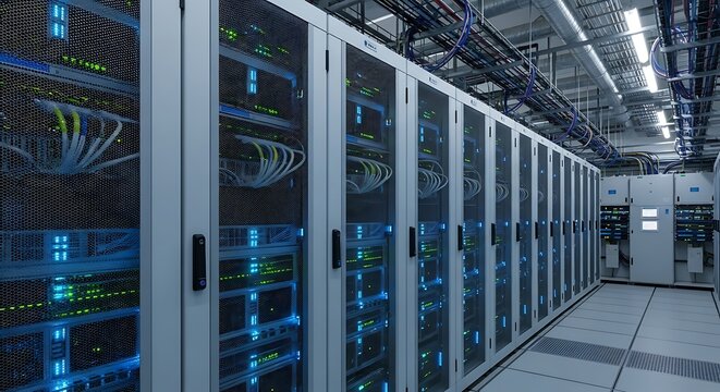 Data center servers humming in a climate controlled room with blinking lights indicating activity and processing power, showcasing modern technology.