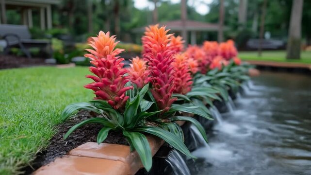 Charming bromeliad flowers water feature and flowing water feature adds tranquility and elegance