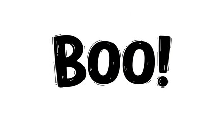 Bold black lettering spelling "BOO!" on white background, playful Halloween design, suitable for greeting card, banner, or party invitation