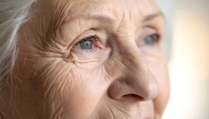 Elderly woman with soft white hair gazing thoughtfully out of a window in warm natural light during the afternoon