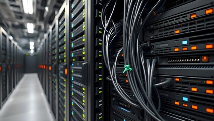 Intricate network cables and glowing server lights in a high-tech data center environment.