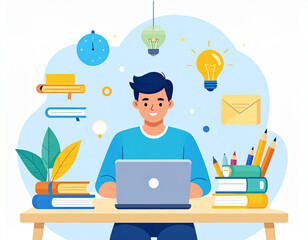 Student at a desk with a laptop with icons representing knowledge