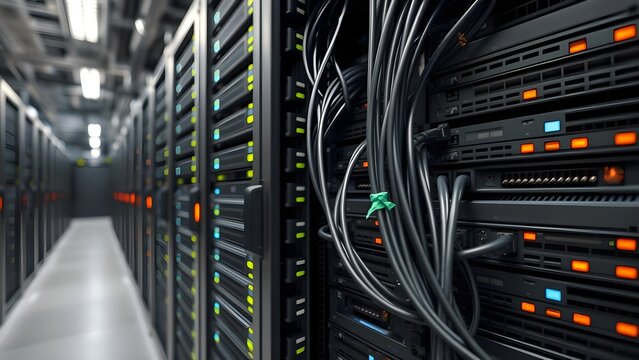 Intricate network cables and glowing server lights in a high-tech data center environment.