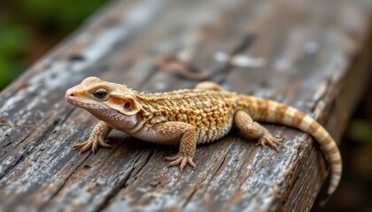 Naklejka premium bearded dragon relaxing on a weathered wooden plank