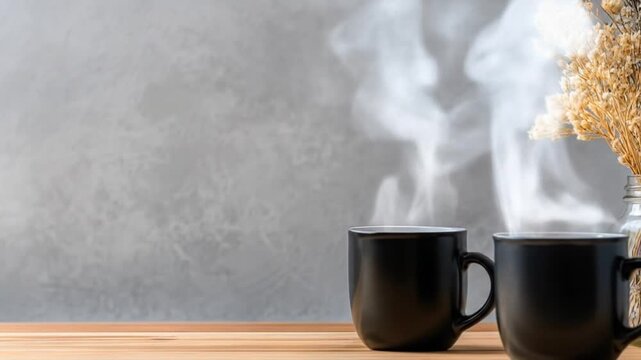 Two steaming black mugs sit on a light-colored wooden surface, in front of a textured gray wall, and with dried flowers in a glass vase.