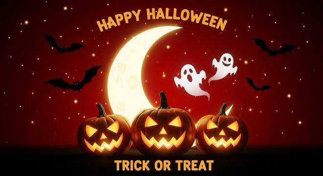 Three illuminated jack-o'-lanterns sit before a crescent moon, ghosts, and bats against a red night sky, creating a festive Halloween scene - Powered by Adobe