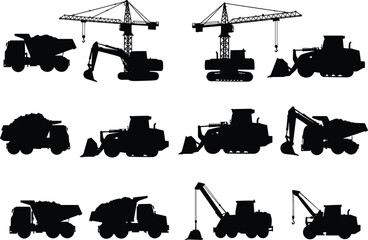 Silhouettes of construction machinery including cranes, dump trucks, excavators, loaders, and heavy equipment used for industrial building projects