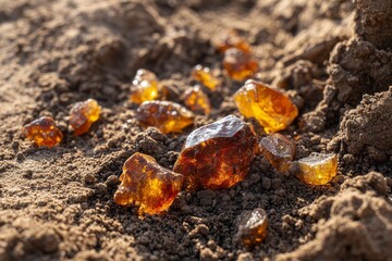 Fototapeta premium Raw Amber Stones on Sand in Natural Light for Jewelry Inspiration and Earth Element Concepts