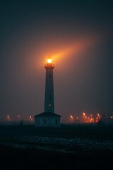 Fototapeta premium Lighthouse Beacon Glowing Through Fog for Hope, Navigation, and Inspirational Concepts