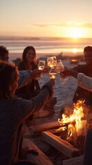 Friends cheer by the bonfire at sunset