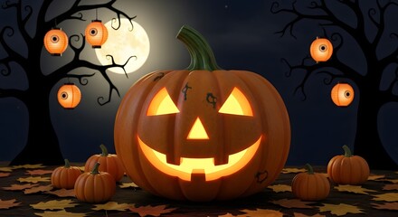 Jackolantern pumpkin glowing with a spooky face on a bed of autumn leaves under a full moon and spooky trees