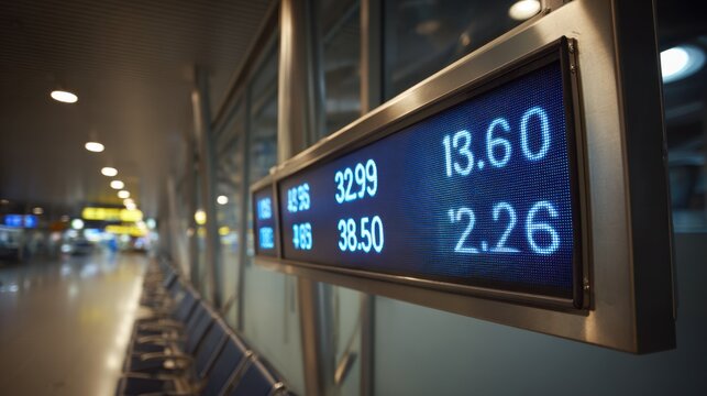 Focused medium shot of an airport sustainability board tracking waste recycling rates numbers clear and terminal seating area subtly blurred.