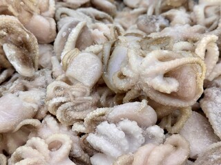 Indulge in a delightful Frozen Seafood Medley featuring Baby Octopuses and various Cephalopods. Detailed closeup view of frozen baby octopuses, highlighting their distinct shapes and unique textures
