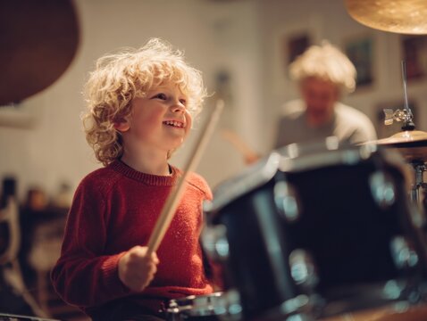 Child drumming session home studio photography indoor close-up joy of music