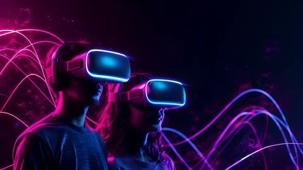Virtual reality VR theme concept. A vivid, neonlit digital artwork featuring two individuals immersed in virtual reality. The central figure is a woman with long, wavy hair, wearing a VR headset.