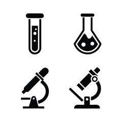 Four black science laboratory icons including test tubes and microscopes research experiment