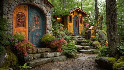 Colorful stone cottages nestled in a lush forest garden