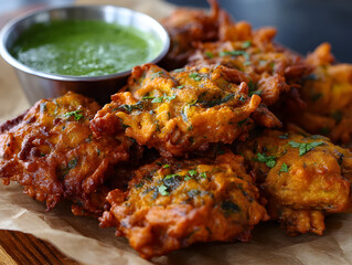 Crispy Onion Bhaji with Mint Chutney - Indian Appetizer, Street Food