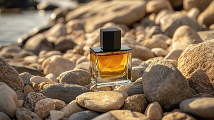 Luxury Perfume Bottle Placed on Natural Beach Pebbles by the Water.