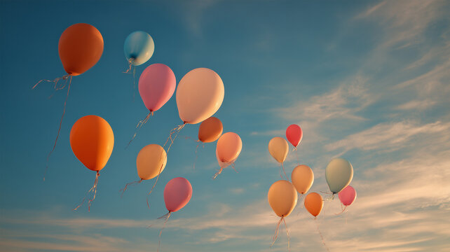夕焼け空に浮かぶ暖色の風船群