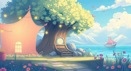 Fototapeta premium Enchanting whimsical scene with a pink tent, magical treehouse, and sailboat on serene ocean.
