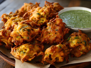 Crispy Vegetable Pakora Fritters with Mint-Cilantro Chutney - Indian Appetizer