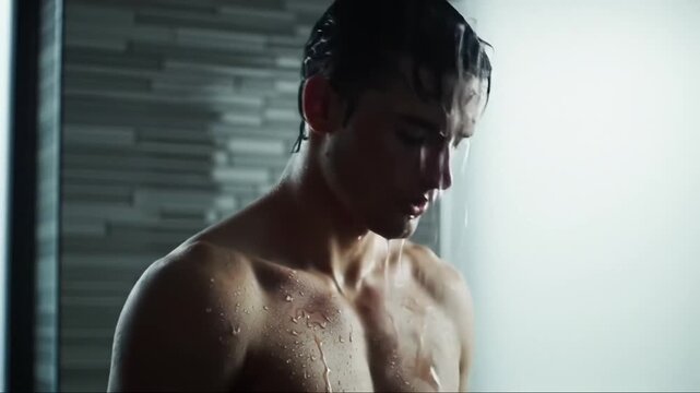 Attractive young man showering in modern bathroom with tiled walls, water droplets glistening on skin, creating a sensual and refreshing atmosphere.