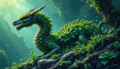 Fototapeta premium create a digital illustration of an ancient forest dragon covered with green plants, set against a backdrop of sparkling teal tones