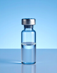 Transparent glass vial filled with clear liquid. Healthcare, treatment and pharmaceutical concept.